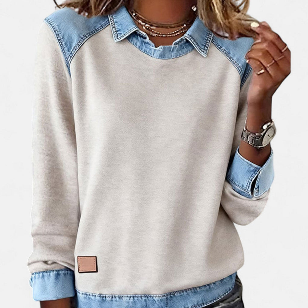 Jersey beige con cuello y detalles denim
