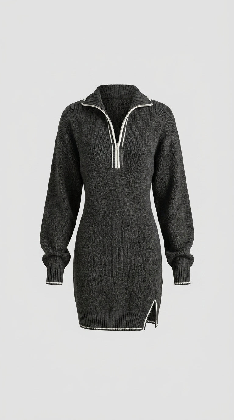 Vestido mini de punto gris con cuello polo