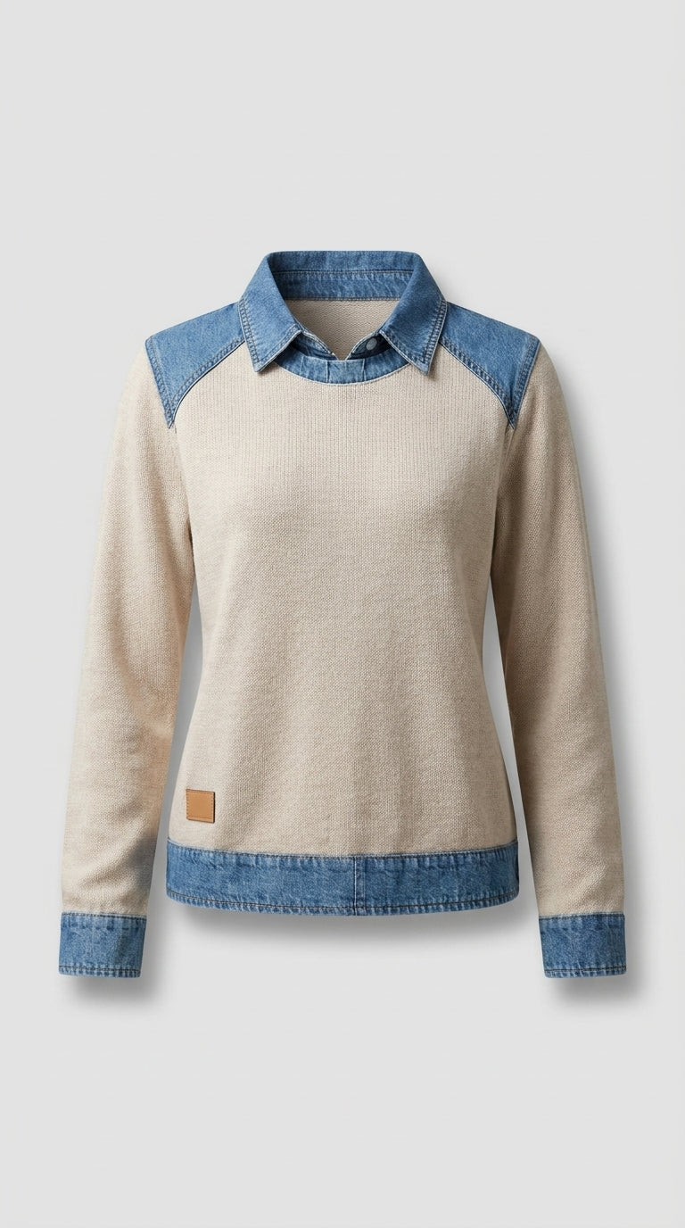 Jersey beige con cuello y detalles denim