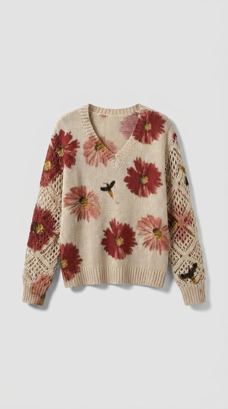 Jersey floral de punto con mangas caladas