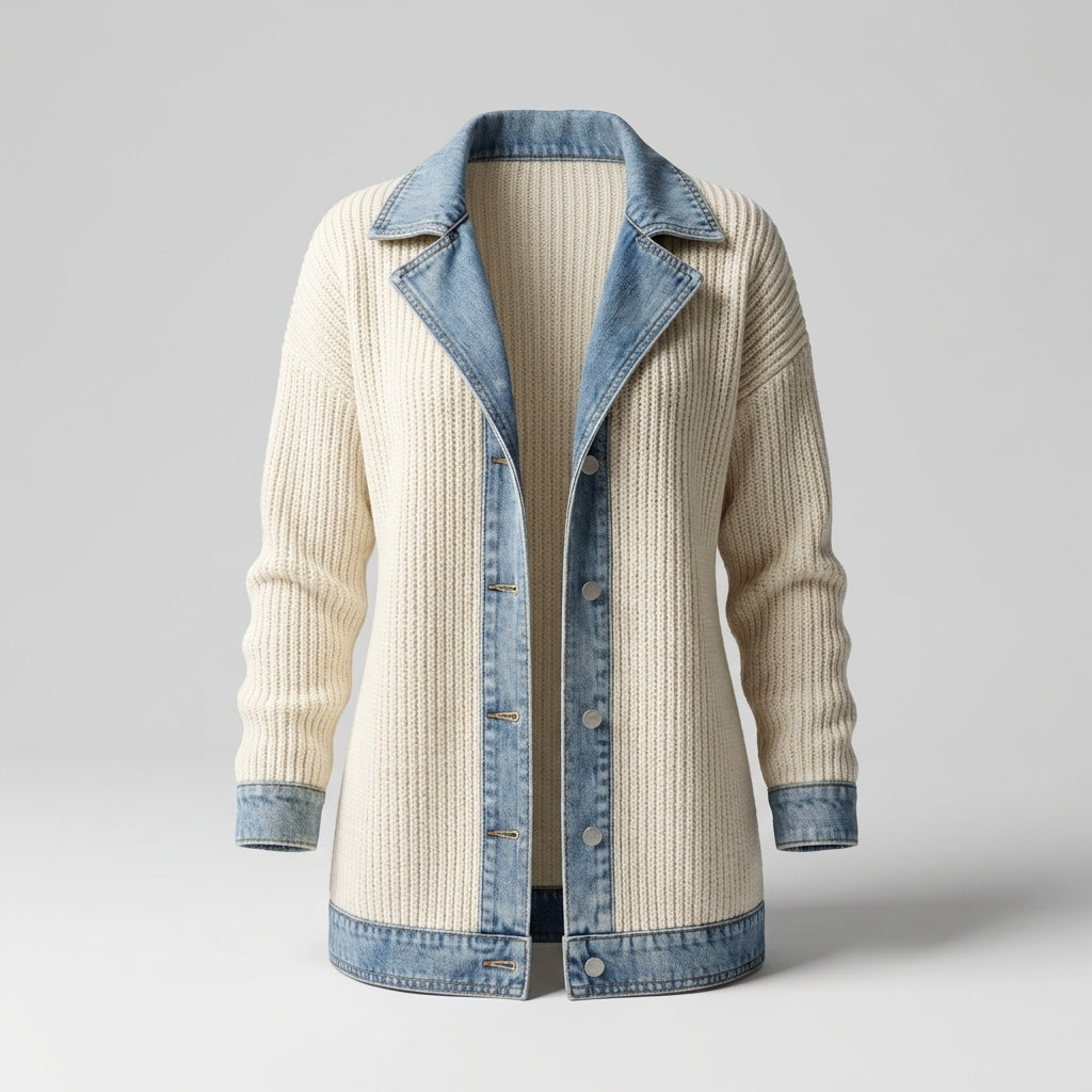 Chaqueta de punto clara con detalles denim