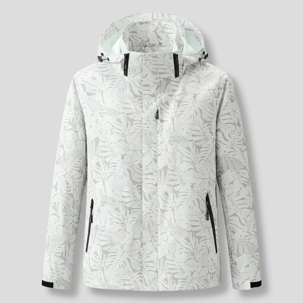 Chaqueta impermeable blanca con estampado de hojas