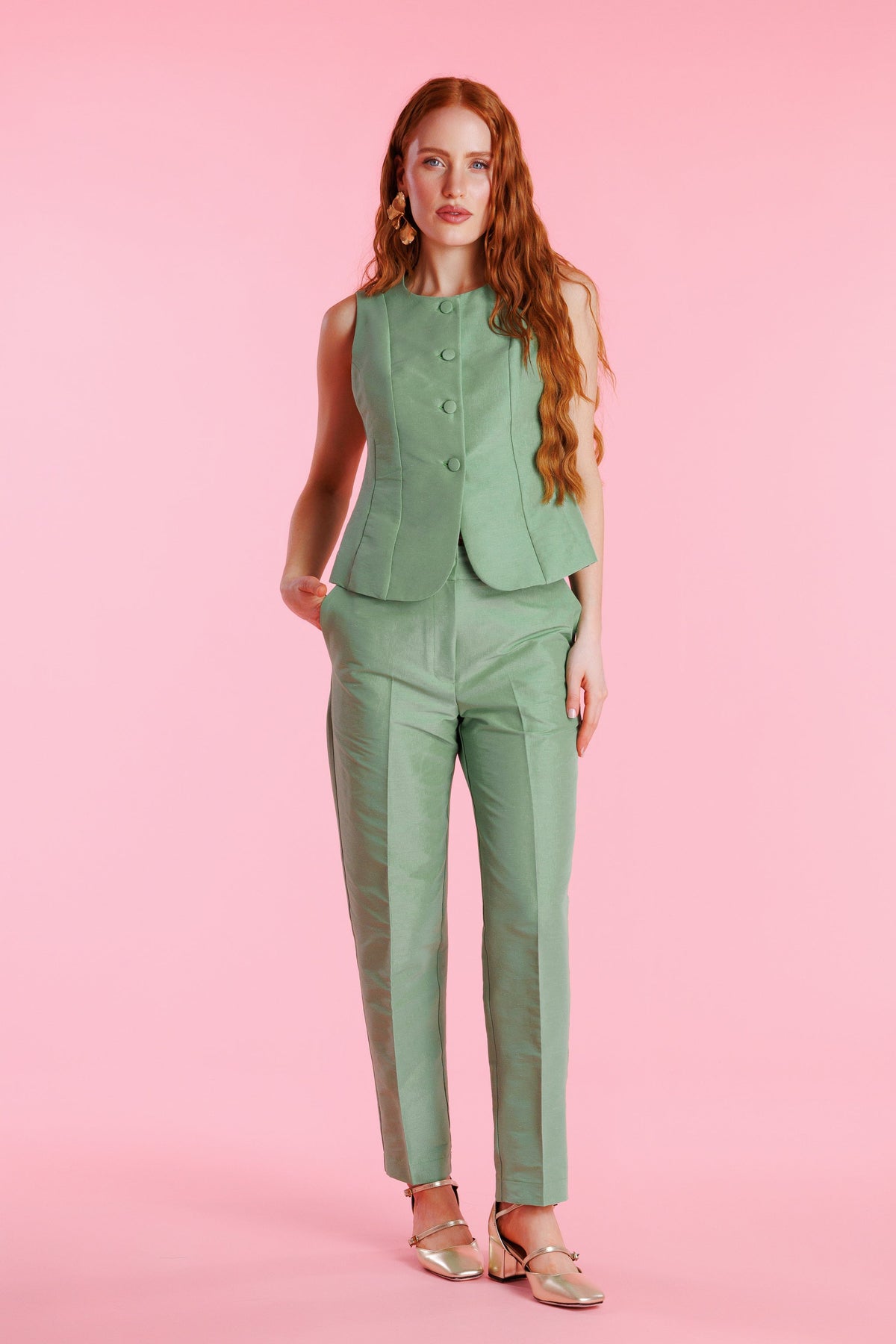 Pantalón verde menta de vestir y tiro alto