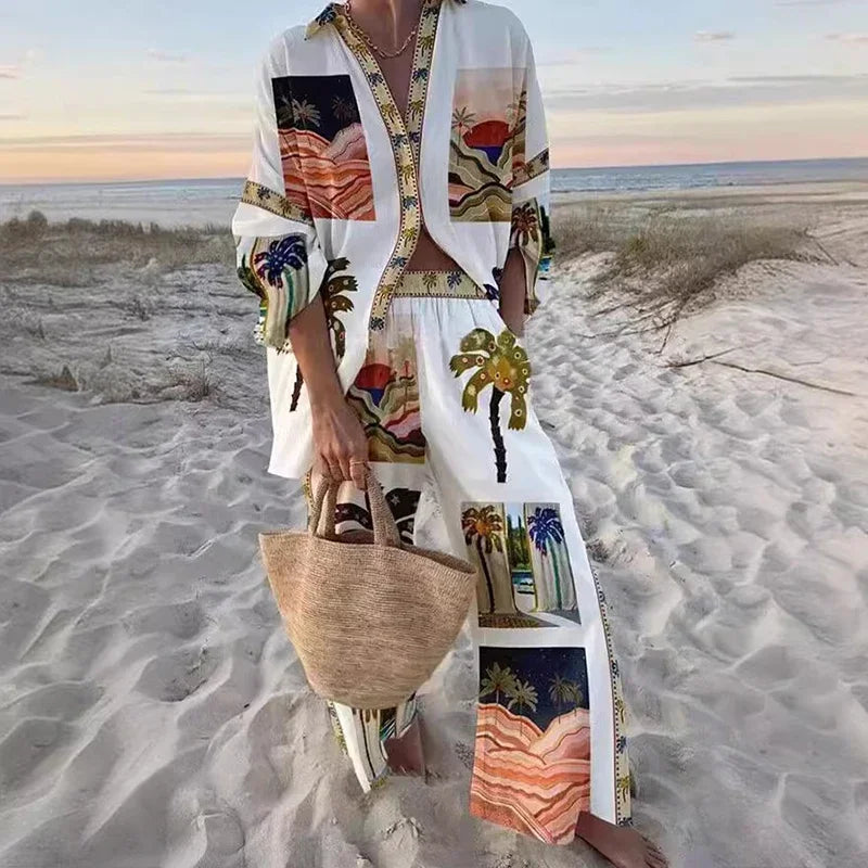 Conjunto holgado con camisa y pantalón estampado