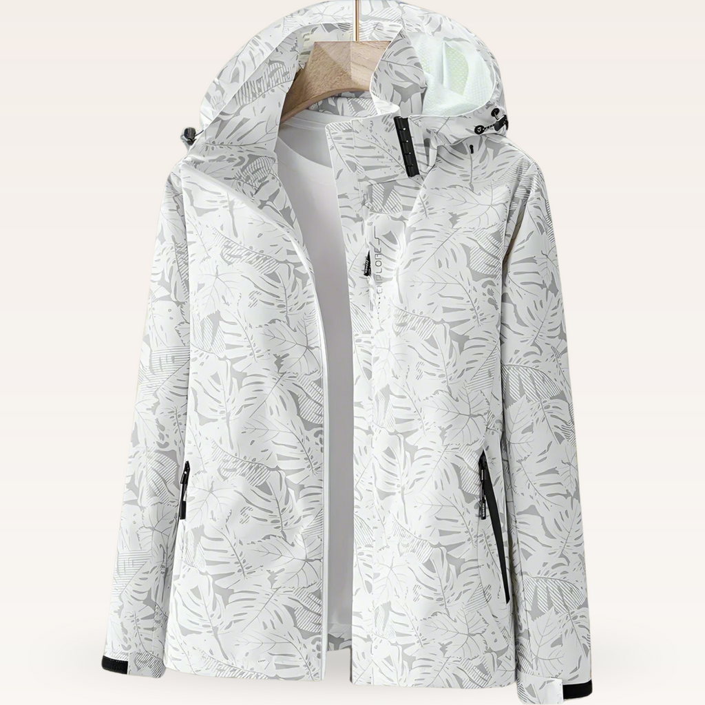 Chaqueta impermeable blanca con estampado de hojas