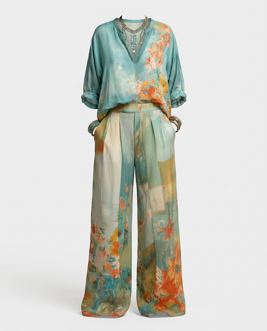 Conjunto floral con blusa y pantalón ancho