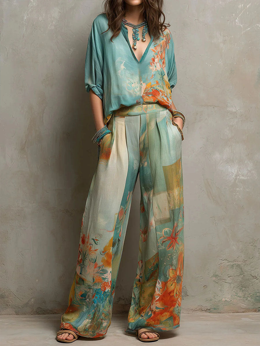 Conjunto floral con blusa y pantalón ancho